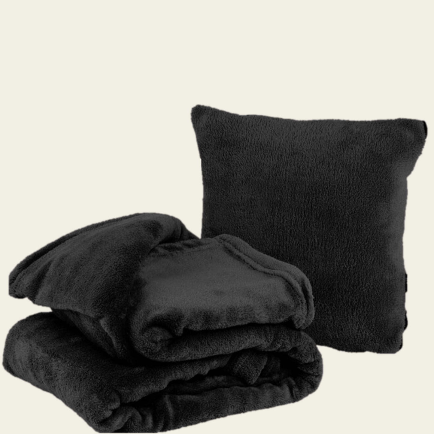 A neatly folded, lightweight travel blanket, made from soft, plush fabric with a smooth, cozy texture and a subtle sheen, compactly arranged for easy travel.