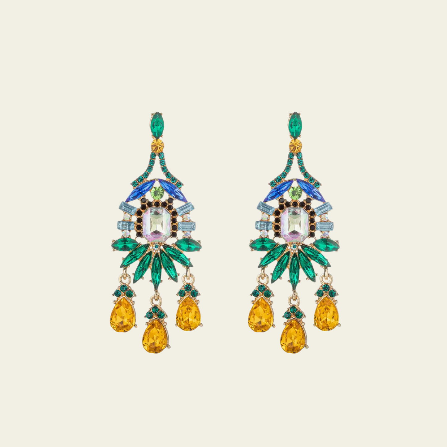 These elegant chandelier earrings feature a striking design with an assortment of multicolored stones in shades of green, blue, and yellow. The stones are arranged in a cascading pattern, allowing them to dangle gracefully and catch the light from every angle. The combination of colors creates a vibrant, yet sophisticated look.