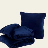 A neatly folded, lightweight travel blanket in deep navy blue, made from soft, plush fabric with a smooth, cozy texture and a subtle sheen, compactly arranged for easy travel.