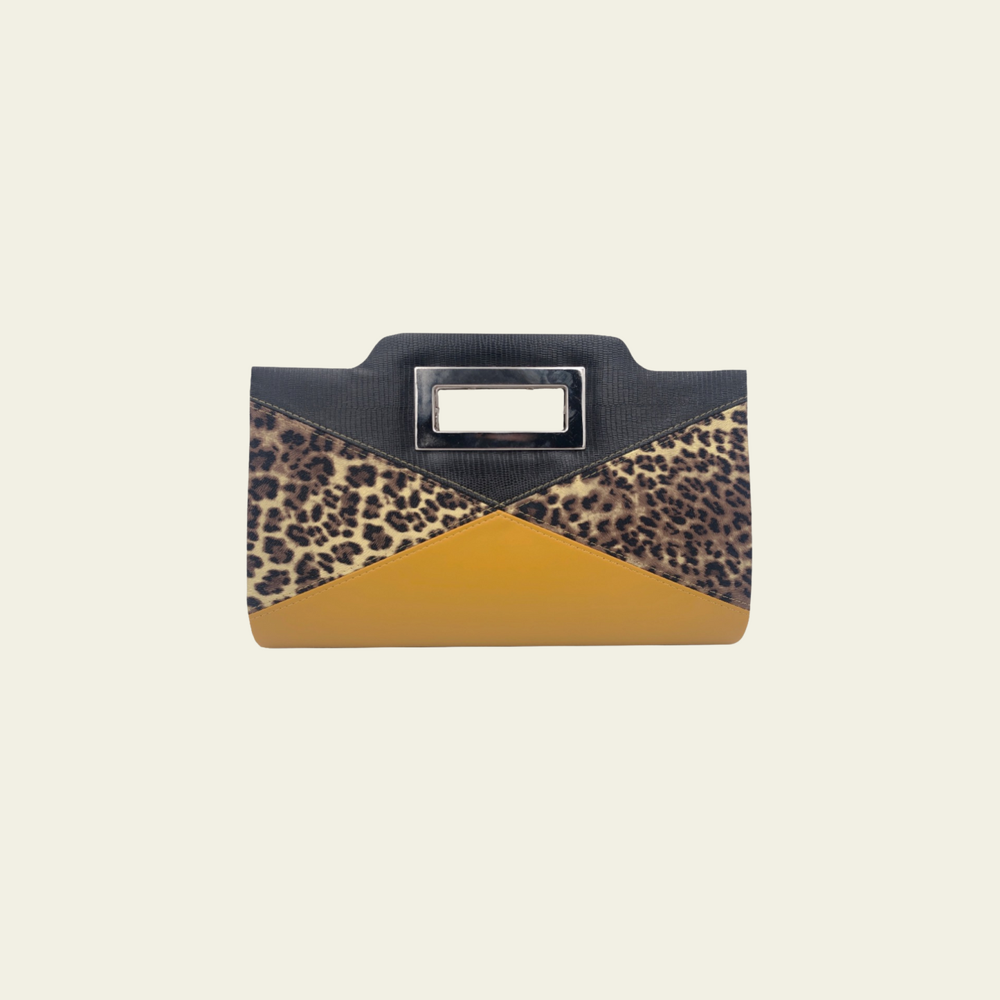 This amber-colored clutch features an animal print pattern combined with a geometric triangle design, offering a modern yet bold aesthetic. The compact size is perfect for carrying essentials like your phone, cards, and makeup, while the unique pattern adds a stylish, eye-catching element. Its sleek, structured shape makes it a versatile accessory for evening events or formal occasions.